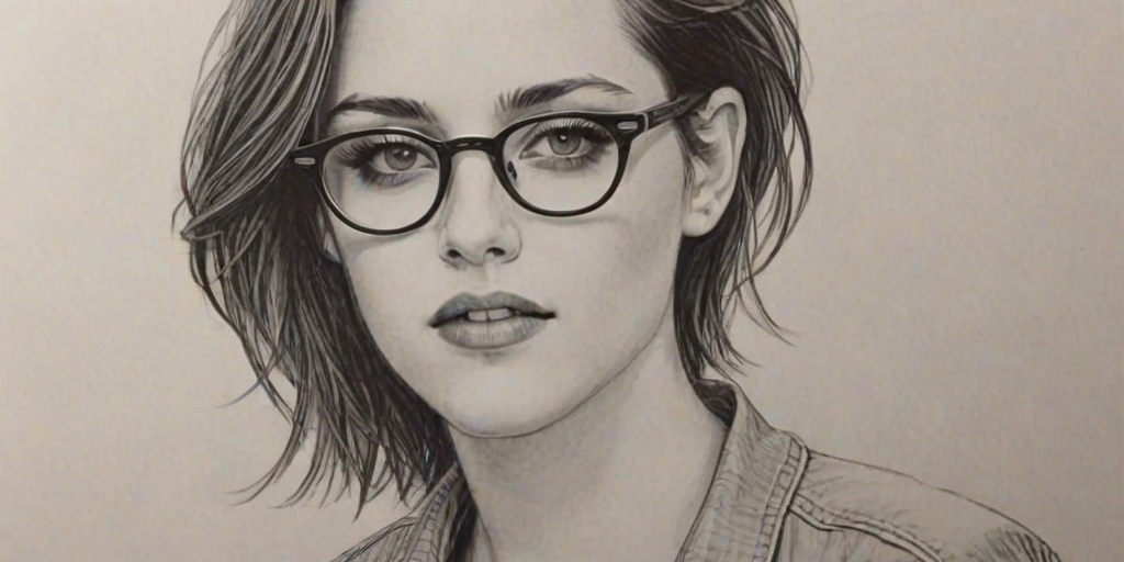 Fetching Kristen Stewart, pencil sketch, portrait of Stunning woman 1957s in glasses, hair style beatnik, outline, clear lines, fine lines, 8k
