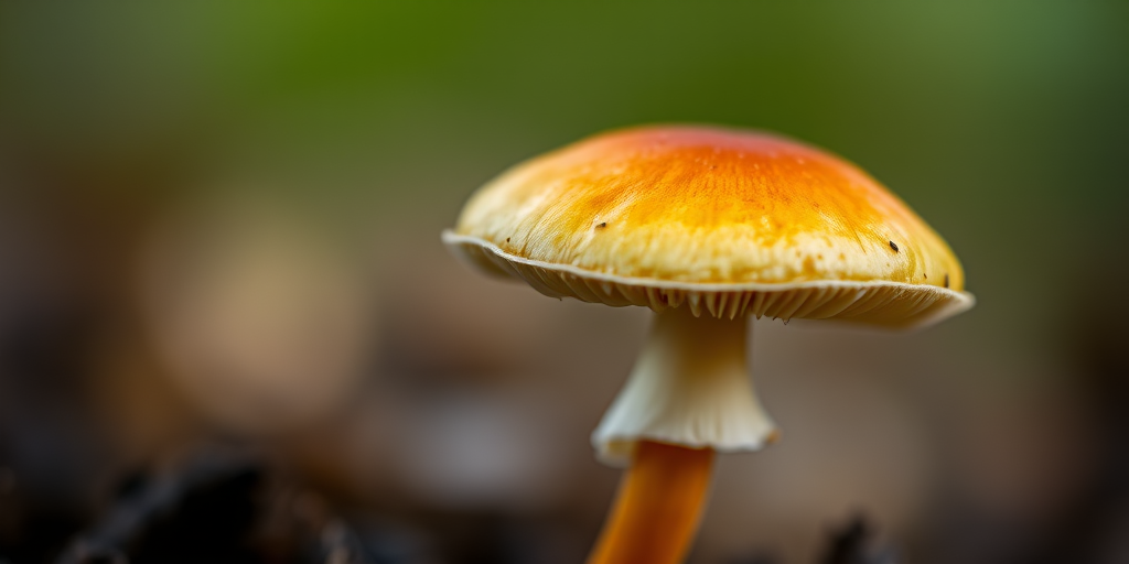 Close-up of a single mushroom with a golden cap and brown stem, soft blurred background, shallow depth of field, aperture f/2.8, 50mm lens, natural light, DSLR camera, macro photography style.