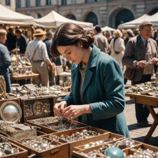 Busy flea market on a sunny day, a woman browses the stalls, her hands inspecting vintage trinkets and forgotten treasures as the crowd bustles around her.