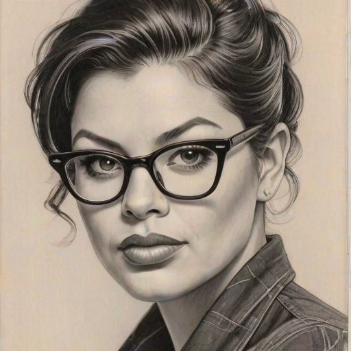 Sublime Sara Ramirez, pencil sketch, portrait of Bewitching woman 1958s in glasses, hair style beatnik, outline, clear lines, fine lines, 8k