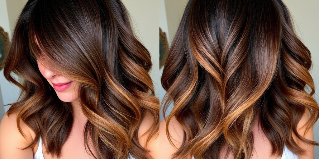 Rich chocolate brown hair styled in loose, beachy waves with subtle caramel balayage highlights, exuding effortless elegance in the "Sun-Kissed Mocha" look