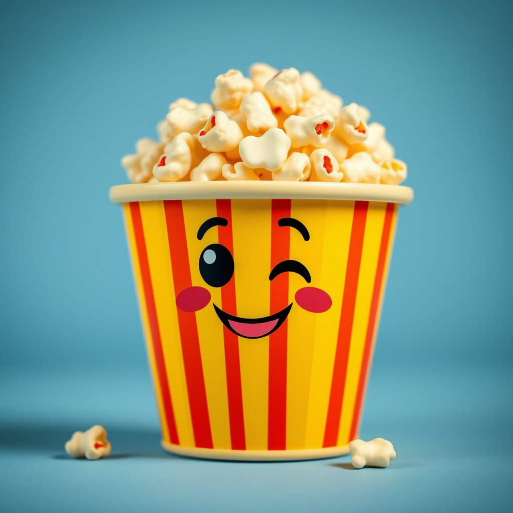 Generate a cute cartoon popcorn bucket with a happy face, bright colors, and exaggerated features, captured in a close-up shot with a Canon EOS 5D Mark IV, f/2.8 aperture, ISO 100, 50mm lens for enhanced image quality.