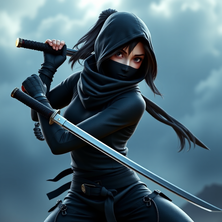 Create a highly detailed 3D rendered image of a female ninja character in a dynamic pose, wearing a sleek black outfit, holding a katana, with a cloudy blue and grey background, taken with a DSLR camera at f/1.8, ISO 100, 50mm lens, portrait orientation for enhanced depth of field and sharpness.