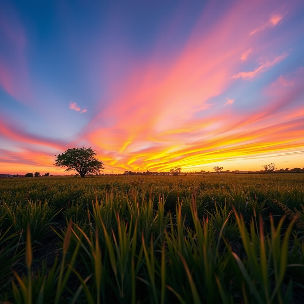Generate a high-resolution image of a serene landscape at sunrise with vibrant colors and a clear sky, captured through a Canon EOS R5 with a 24-70mm lens, aperture set to f/8, ISO 100, shutter speed 1/125s, taken from a low angle view to emphasize the foreground.