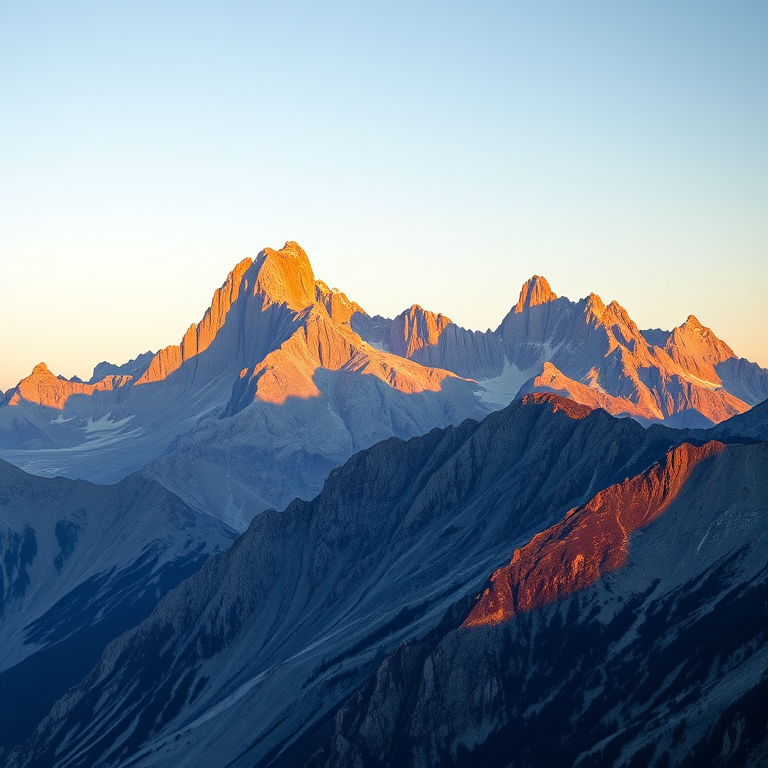 Capture a majestic mountain landscape at sunrise, with soft golden light illuminating the peaks, using a Canon EOS R5, 24mm lens, aperture f/8, ISO 100, 1/200 sec, and a panoramic shot for enhanced detail and depth.
