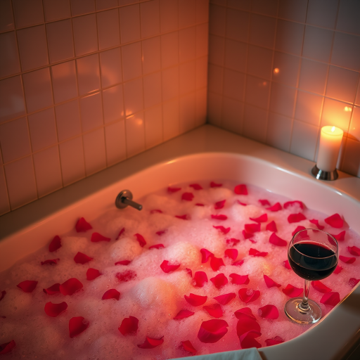 Warmly lit photo of a luxurious bathtub filled with bubbles and rose petals, soft candlelight casting warm shadows on the tiles, with a glass of wine on the edge.