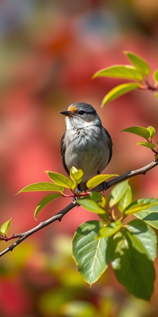 Capture a sharp, high-resolution image of a small bird perched on a branch with vibrant green leaves and a colorful blurred background, using a DSLR camera, 200mm lens, aperture f/4, ISO 200, shutter speed 1/1000 sec, in natural sunlight with a shallow depth of field.