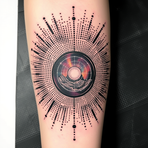 Dotwork tattoo named "Quantum Realm" using intricate stippling techniques to create a three-dimensional portal effect revealing a glimpse into an alternate universe