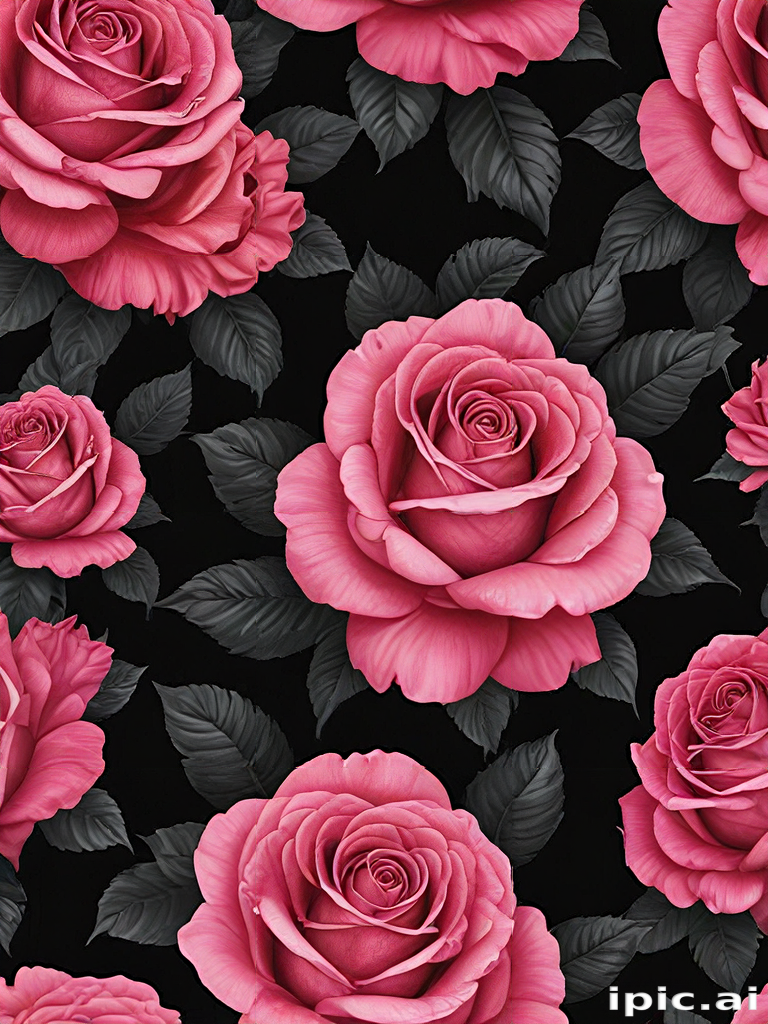 Vibrant Pink Roses Surrounded by Lush Green Leaves on a Dark Background