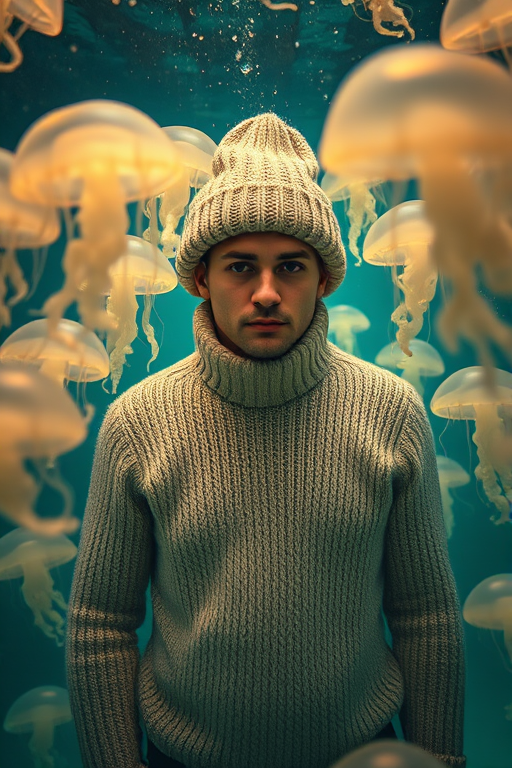 A solemn figure in a soft sweater and hat surrounded by glowing jellyfish, underwater setting, soft focus, natural light, f/1.8 aperture, 50mm lens, ISO 200, shot from a low angle, high dynamic range photography.