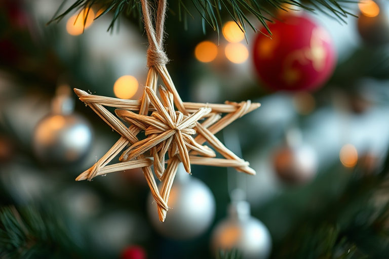 capture a close-up of a handmade straw star ornament hanging from a Christmas tree with a blurred background of festive decorations, aperture f/2.8, shutter speed 1/100s, ISO 200, DSLR camera, natural light, shallow depth of field