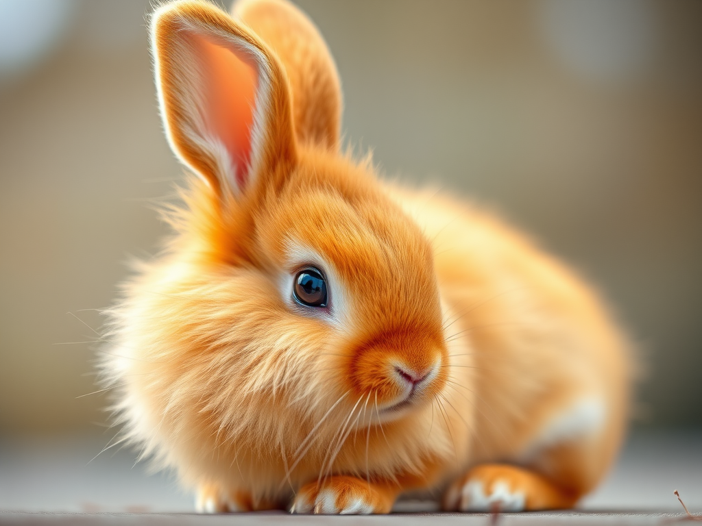 Create a highly detailed 3D rendering of a fluffy orange rabbit with soft fur, using a DSLR camera with a 50mm lens, f/1.8 aperture, ISO 100, and natural lighting, viewed from a low angle to emphasize its features and enhance image quality.
