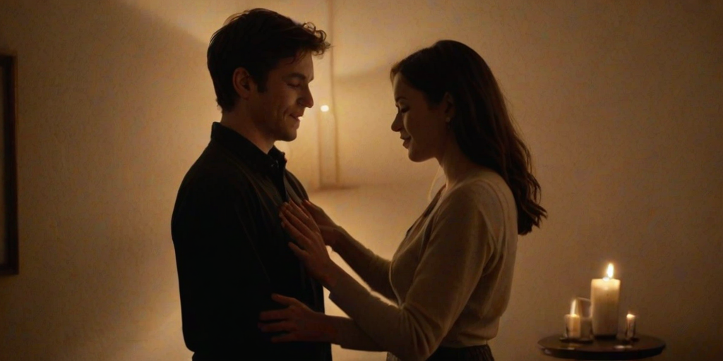 Warm, intimate photo of a couple dancing in a dimly lit room, soft light from a nearby lamp casting warm shadows on the walls, their hands intertwined, the smell of candles and the distant sound of soft music filling the air, a sense of romance and closeness captured.