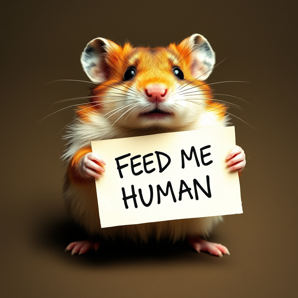 hamster holding a note which says "FEED ME HUMAN"