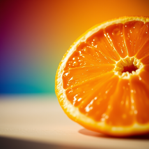 a vibrant close-up image of a freshly cut orange, captured in natural lighting, with a shallow depth of field, using a DSLR camera at f/2.8, 50mm lens, ISO 100, and 1/200 sec shutter speed, with a blurred gradient background for contrast