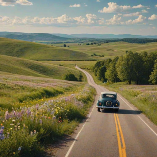 Scenic view of a countryside road lined with blooming wildflowers, a vintage car driving by, and rolling hills in the distance, evoking a sense of freedom and adventure.