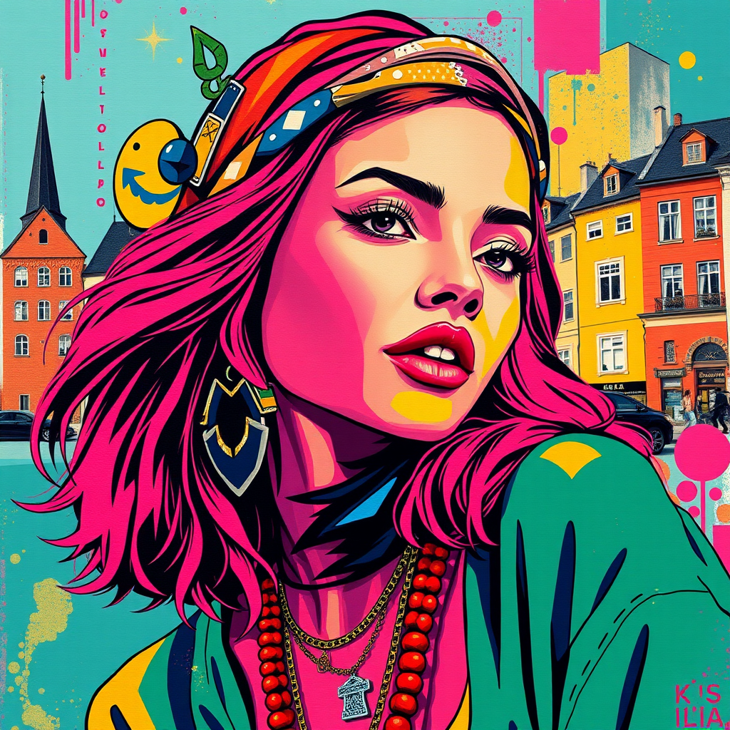 A vibrant artwork blending bohemian style with edgy street art, featuring a young Swedish woman. The design mixes vibrant colors with the modern Disney-inspired style, echoing Roy Lichtenstein's pop art. The overall mood is optimistic and trendy, with elements of Johannes Vermeer’s classic elegance, combined with the geometric abstraction of crystal cubism. add Stockholm shilluette
