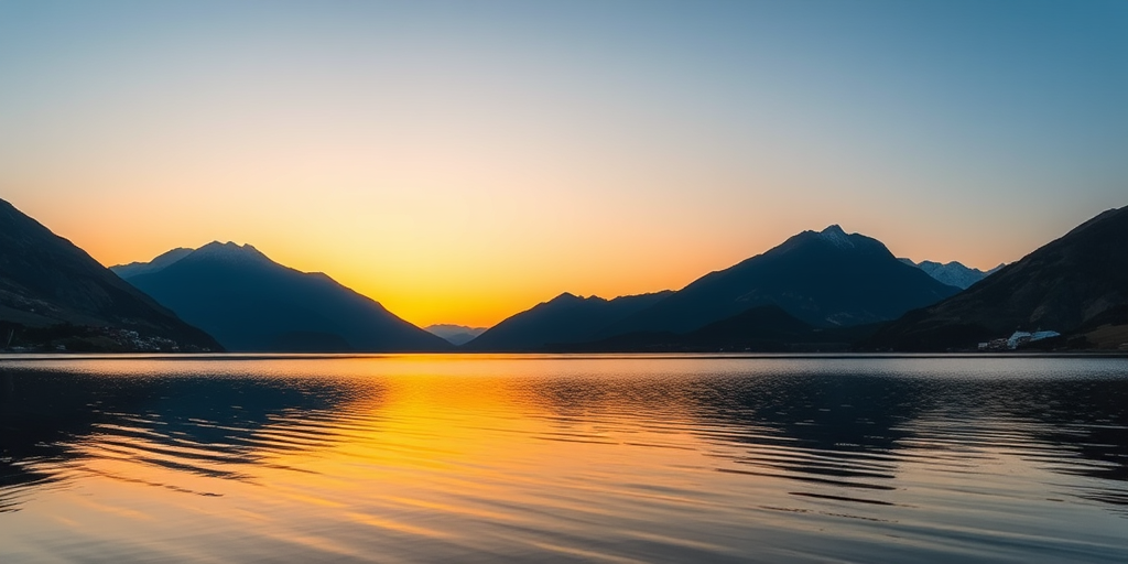 Photograph a sunset over a calm lake surrounded by mountains, using a wide-angle lens at f/11, ISO 100, shutter speed 1/250 sec, in RAW format, shot from a low angle to capture reflections in the water.
