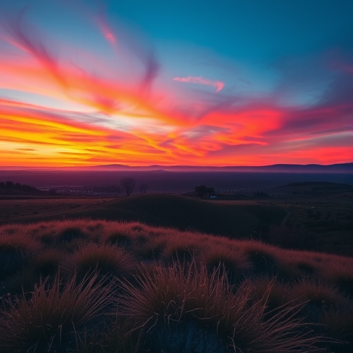 Create a high-resolution image of a serene landscape during sunset with vibrant colors, using a DSLR camera with a 24mm lens, aperture f/8, ISO 100, and a shutter speed of 1/125 seconds, captured from a wide-angle view to emphasize the expansive sky and foreground details.