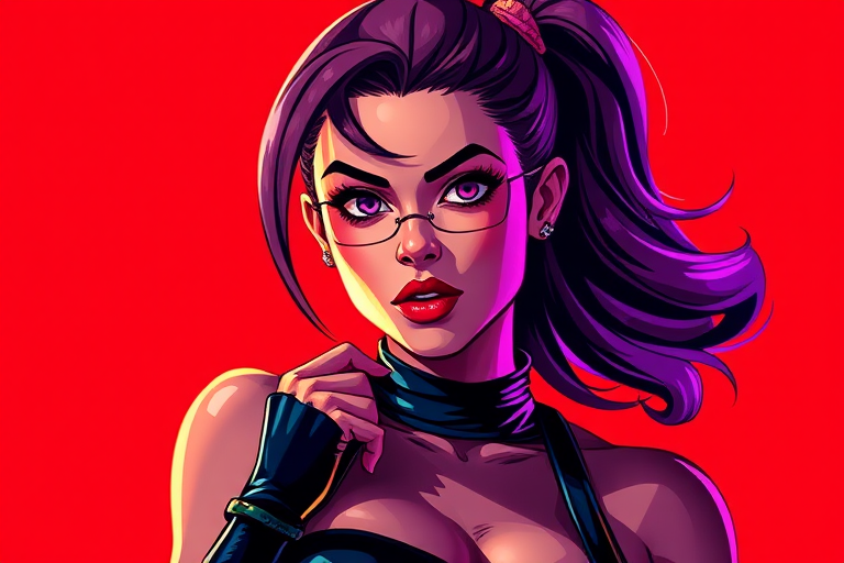 Create an image of a stylized character inspired by a comic book anti-heroine with dynamic lighting and vibrant colors, taken with a Canon EOS R5 at f/2.8, ISO 100, and a 35mm lens, in a high-resolution digital art style, featuring a bold red background with space for text.