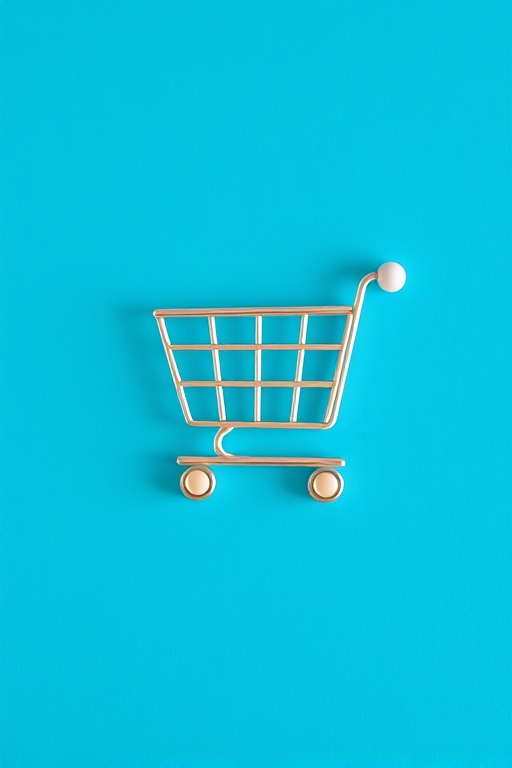 Create a high-quality image of a shopping cart icon against a solid blue background, using a macro lens with f/2.8 aperture, 50mm focal length, and natural lighting to enhance shadows and textures.