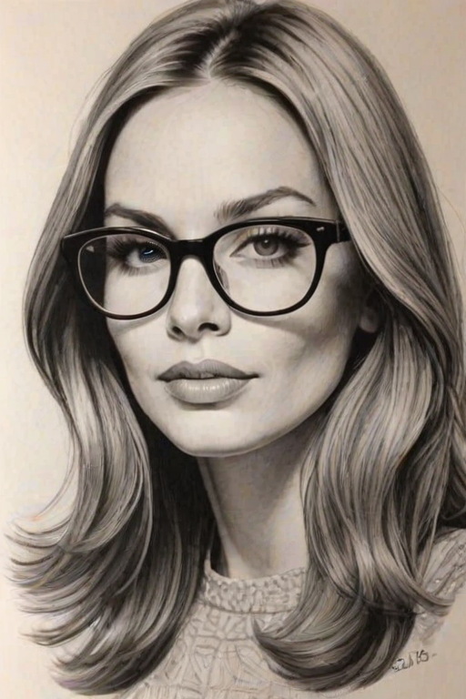Gorgeous Bobbie Brown, pencil sketch, portrait of Sublime woman 1969s in glasses, hair style beatnik, outline, clear lines, fine lines, 8k