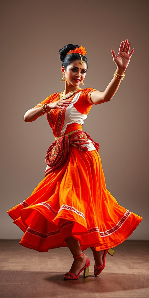 Create a vibrant image of a woman dancing in traditional attire with a bright orange and white skirt, captured in a dynamic pose, using a Canon EOS R5 camera with a 50mm lens, f/1.8 aperture, ISO 100, and 1/250s shutter speed, in a well-lit studio setting to enhance colors and details.