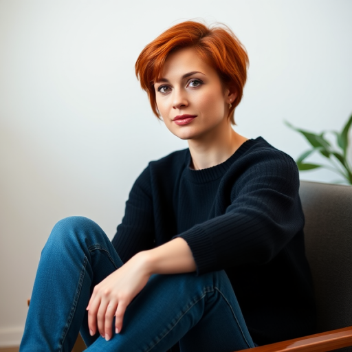 Generate a high-resolution image of a seated woman with short red hair in a black sweater and blue jeans, captured with a DSLR camera at f/1.8 aperture, ISO 100, 50mm lens, in soft natural lighting, from a slightly elevated angle, with a focus on her expression and pose.