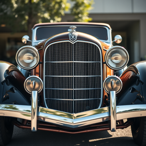 high-resolution image of a classic hot rod car, frontal view, natural lighting, aperture f/8, shutter speed 1/250s, ISO 100, taken with a DSLR camera, low-angle shot to emphasize details and depth.