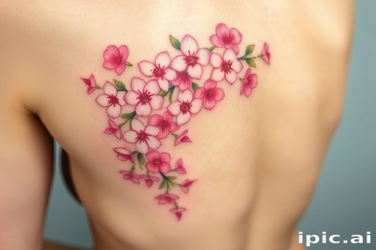 Elegant "Cherry Blossom Cascade" tattoo features delicate pink and white flowers cascading down the body in a graceful arc. Soft watercolor effects create a dreamy, romantic atmosphere, while fine black linework adds definition to each petal. Subtle green leaves and branches provide contrast, completing this beautiful and feminine design inspired by Japanese art and nature.