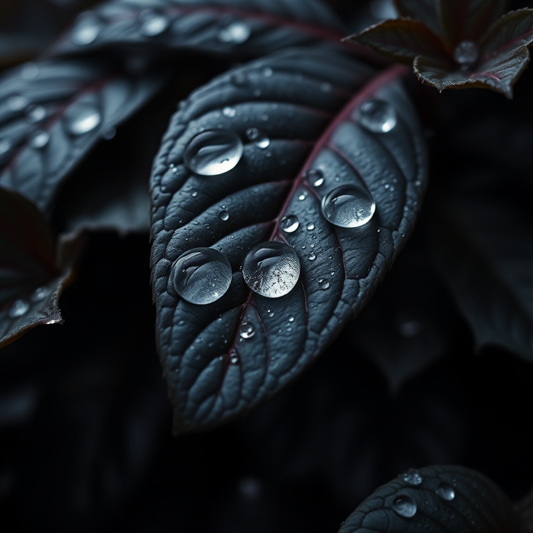 macro shot of dark foliage with water droplets, soft natural lighting, aperture f/2.8, shutter speed 1/125s, ISO 100, 50mm lens, DSLR camera