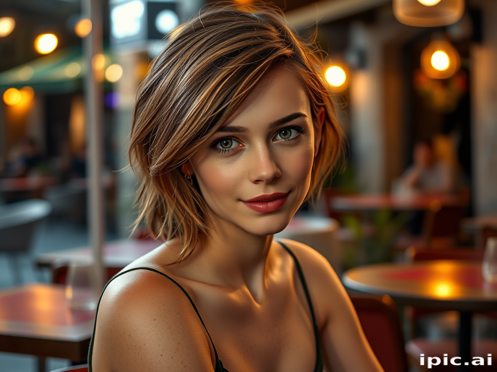 photo of young woman, [Ana de Armas:Emma Watson:0.5], highlight hair, sitting outside restaurant, wearing dress, rim lighting, studio lighting, looking at the camera, dslr, ultra quality, sharp focus, tack sharp, dof, film grain, Fujifilm XT3, crystal clear, 8K UHD, highly detailed glossy eyes, high detailed skin, skin pores