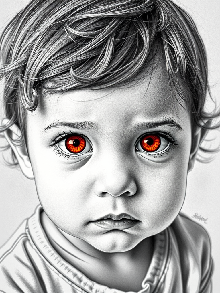 A hyperdetailed photorealistic black and white sketch of a beautiful toddler with deep orange eyes, with a macro focus