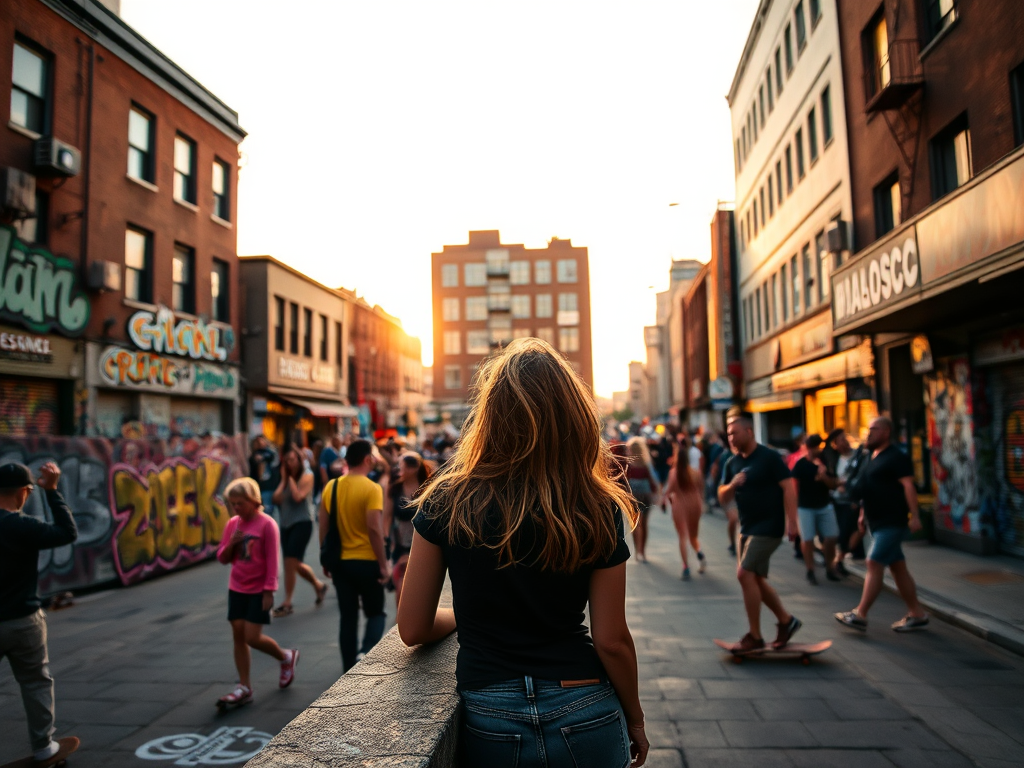 Crowded urban street at sunset, a woman leans against a brick wall, graffiti surrounding her, as she watches skateboarders pass by, the city coming to life around her.