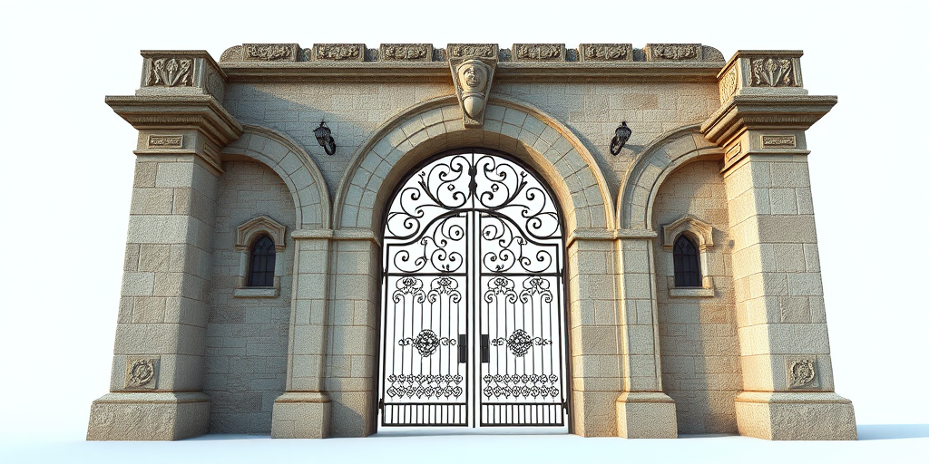 Regenerate a detailed 3D model of an old stone archway with ornate wrought-iron gates, featuring realistic textures and lighting, captured with a DSLR camera at f/8 aperture and ISO 100, shot from a low angle perspective to emphasize grandeur, using a wide-angle lens to enhance depth.