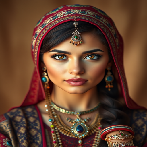 Create a portrait of a beautiful woman with striking hazel eyes and a gentle expression. She is adorned in traditional attire with intricate patterns, including a richly embroidered headscarf and matching garments. Her jewelry includes a delicate headpiece, dangling earrings, and ornate bracelets, all featuring vibrant gemstones and detailed metalwork. The background is soft and warm, enhancing the rich colors of her outfit and jewelry.
