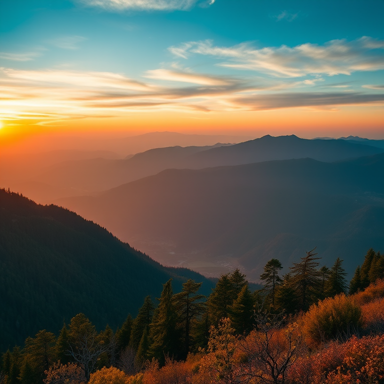 Generate a high-resolution digital artwork of a serene mountain landscape at sunset, using a DSLR camera with a 24mm lens, aperture f/8, ISO 100, 1/125 sec exposure, and vibrant color processing for enhanced detail and clarity.