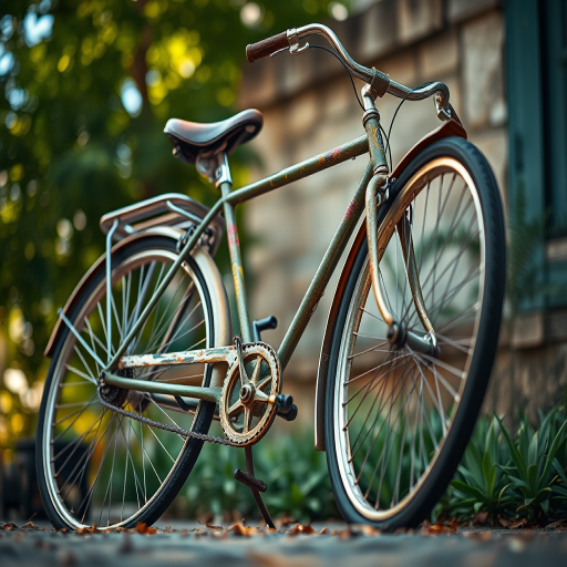Create a highly detailed illustration of a vintage bicycle, captured with a 50mm lens at f/2.8, ISO 100, with a low angle view and natural lighting to enhance depth and detail.