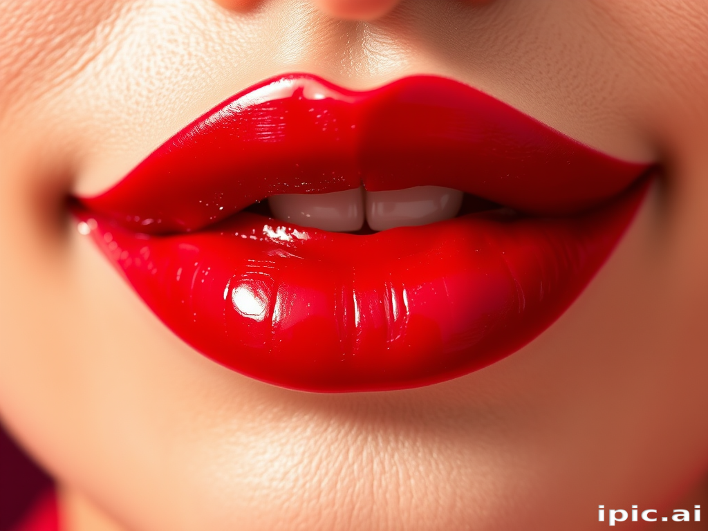 Luscious ruby-red lips with a glossy finish, perfectly shaped and plump, reflecting light beautifully, showcasing the rich depth of color and smooth texture