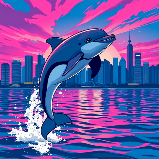 Create a vibrant digital illustration of a dolphin leaping against a stylized city skyline at sunset, with bold pink and blue colors, using a wide-angle lens at f/8, ISO 100, and a high dynamic range to enhance the contrast and clarity for a modern, pop-art aesthetic.