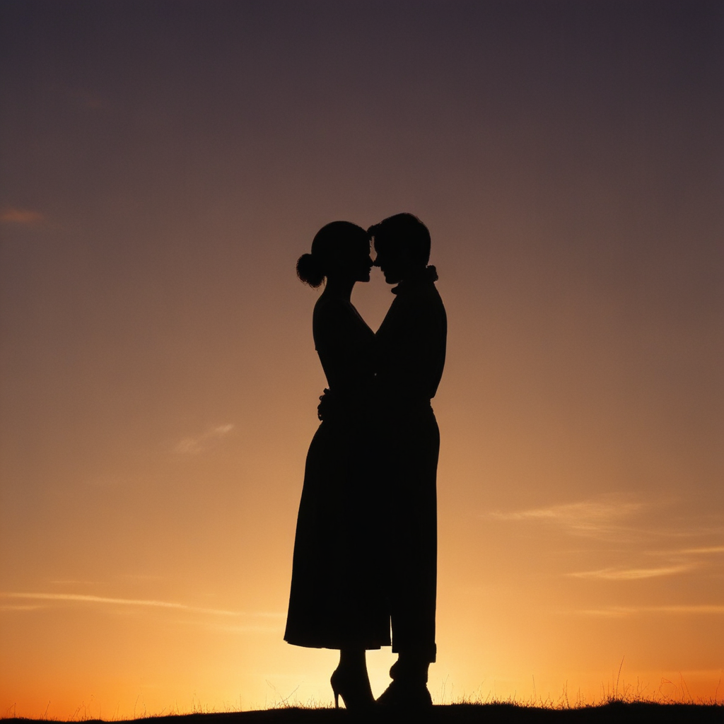 Romantic Silhouette of a Couple Embracing Against a Beautiful Sunset