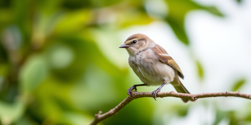 A close-up of a small bird perched on a branch with green foliage in the background, taken with a Canon EOS 90D, 100mm f/2.8 macro lens, ISO 200, aperture f/4, shutter speed 1/200, natural light, shallow depth of field.