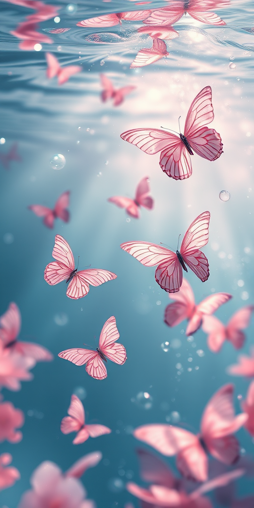 Create an image of a serene underwater scene with delicate pink butterflies floating amidst shimmering bubbles and soft, flowing water reflections. Add a gentle sparkle effect to enhance the ethereal quality of the composition.