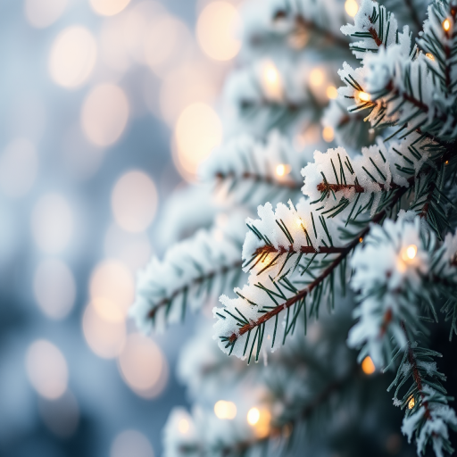 Create a serene winter scene featuring a close-up of soft, frosted evergreen branches adorned with delicate, twinkling lights. The background should be a dreamy blur of soft, glowing bokeh in cool tones, evoking a peaceful holiday atmosphere.