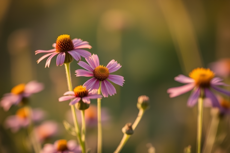 close-up of wildflowers in soft evening light, shallow depth of field, ISO 100, f/2.8, 1/200s, 50mm lens, DSLR, natural light, blurry background for enhanced focus on flowers