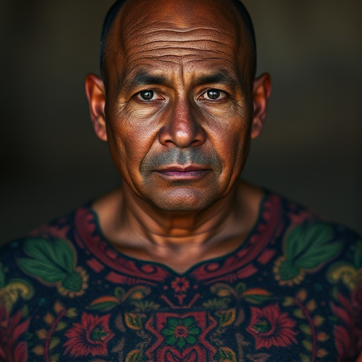 Face, shoulders, chest covered in openwork Pacific Islander embroidery. Raw, unedited image.