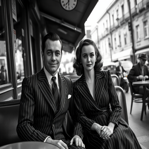 A 1940s-style black and white photograph of a well-dressed man in a pinstripe suit and a woman in a vintage dress, sitting in a retro cafe against an urban backdrop, shallow depth of field, f/2.8 aperture, 50mm lens, soft diffused lighting, high-resolution digital camera, capturing a candid moment with a warm and nostalgic atmosphere.