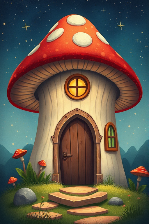 create illustration of a mushroom house with a door and a window, a storybook , fantasy art, mushroom house, bg starry sky, sparkles