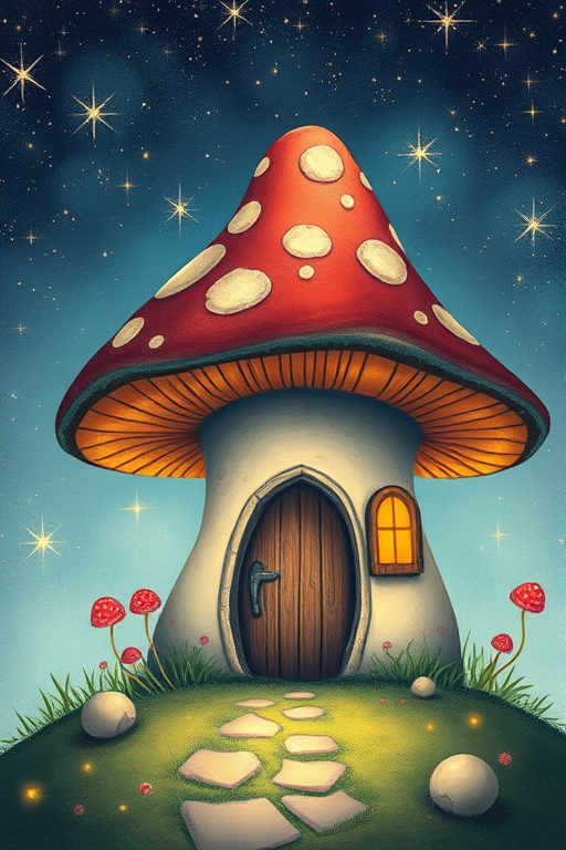 this image is illustration of a mushroom house with a door and a window, a storybook , fantasy art, mushroom house, bg starry sky, sparkles