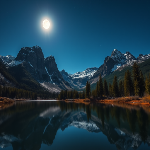 Create a serene nighttime landscape featuring tall mountains with snow caps under a full moon, reflected in a calm lake surrounded by evergreen trees, using a DSLR camera with a wide-angle lens set at f/8, ISO 400, and a long exposure of 10 seconds, capturing vibrant colors and crisp details.